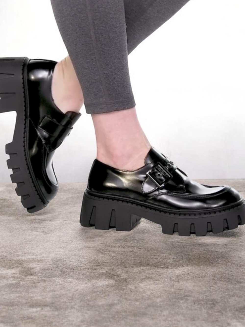 Steve Madden Black Patent Chunky Lug Sole Loafers with Buckle